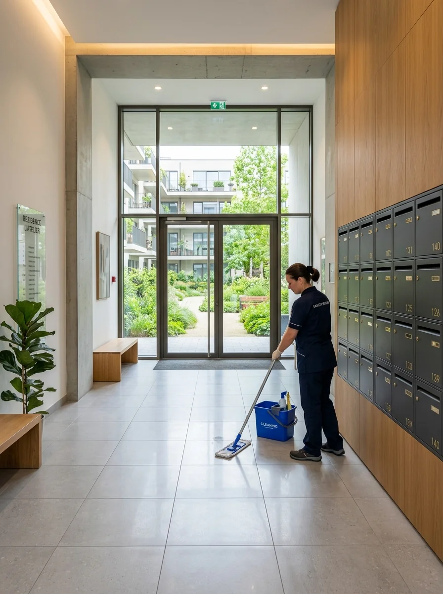 Parties communes et hall d'immeuble en copropriété entretenus par NET OUEST
